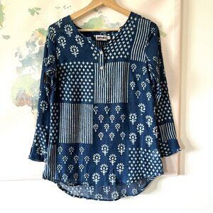 Fabindia Blouse Indigo Blue Hand Block Print Top Cotton Popover NWT Size XS